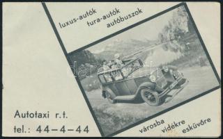 cca 1940 Autótaxi Rt. Szürke taxi reklámos kártyanaptár. Kihajtható. foltal