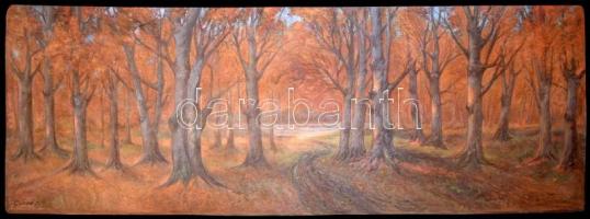 Gábor jelzéssel: Őszi erdő részlet. Olaj, farost, 55×149 cm