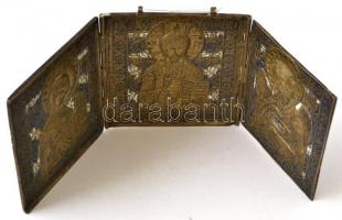 cca 1900 Orosz utazó triptychon, zománcozott réz, jelzés nélkül, apró kopásokkal, 14,5×36,5 cm (kiha...