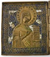 cca 1900 Orosz utazó triptychon, zománcozott réz, jelzés nélkül, apró kopásokkal, 14,5×36,5 cm (kiha...