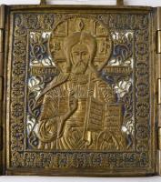 cca 1900 Orosz utazó triptychon, zománcozott réz, jelzés nélkül, apró kopásokkal, 14,5×36,5 cm (kiha...