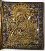 cca 1900 Orosz utazó triptychon, zománcozott réz, jelzés nélkül, apró kopásokkal, 14,5×36,5 cm (kiha...