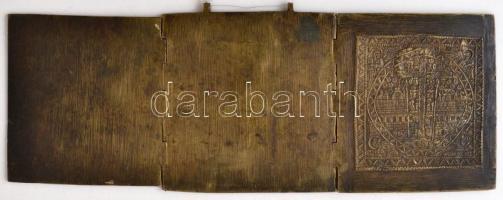 cca 1900 Orosz utazó triptychon, zománcozott réz, jelzés nélkül, apró kopásokkal, 14,5×36,5 cm (kiha...