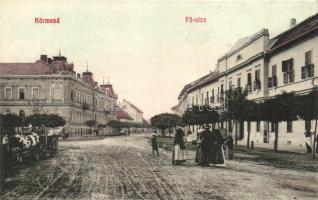 1911 Körmend, Fő utca, Korona szálloda és kávéház, ökörszekér, Takarékpénztár (Heiszig kereskedőcsalád háza)