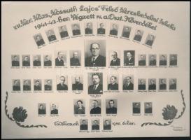 1942 a XII. kerületi Kossuth Lajos Felső Kereskedelmi Iskola 1941-42-ben végzett IV. a. osztályos növendékei, tablókép Saáryné műterméből, hátulján pecséttel jelzett