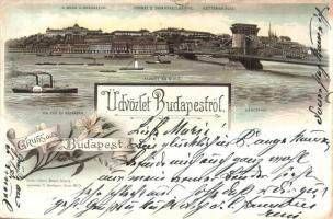 1894 (Vorläufer!) Budapest, Királyi vár és várbazár, Lánchíd, Alagút és sikló. Louis Glaser floral, litho (kis szakadás / small tear)