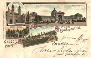 1896 (Vorläufer!) Budapest, Iparcsarnok, zsinagóga, bejárat az állatkertbe, városligeti szökőkút. Carl Otto Hayd No. 416. floral, litho (Rb)