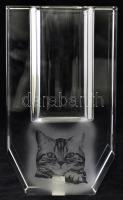 Erwin Weber design lézer gravírozott cicás váza, jelzett, hibátlan, eredeti dobozában, m:25 cm