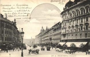 1901 Budapest XIII. Lipót körút, Café Vígszínház kávéház, Sturm József Pilseni Sörcsarnoka, Gyógyszertár, villamos, kerékpár, üzletek