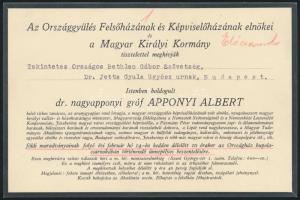 1933 Meghívó gróf Apponyi Albert (1846-1933) földi maradványainak az Országházban történő ünnepélyes beszentelésére, a Bethlen Gábor Szövetség részére