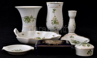 Hollóházi Erika mintás vázák, tálkák, stb, összesen: 6 db + virág mintás doboz, hibátlanok