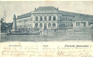 1900 Hatvan, tér, iskola, Honvéd szobor (vágott / cut)