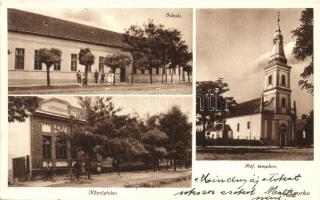 Áporka, Iskola, Községháza, fiúk kerékpárral, Református templom. Németh fényképész + 1941 Áporka postai ügynökségi pecsét