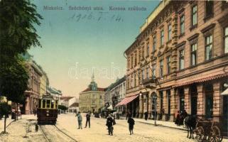 1916 Miskolc, Széchenyi utca, Korona szálloda, villamos