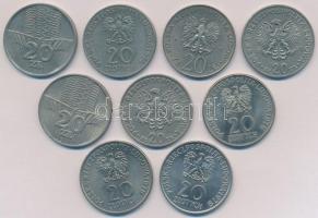 Lengyelország 1973-1979. 20Zl (9xklf) forgalmi emlékkiadások T:1-,2 Poland 1973-1979. 20 Zlotych (9xdiff) commemorative coins C:AU,XF