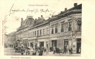 1908 Csorna, Palota sor délnyugati része, Klein Vilmos, Berger Testvérek, Herzfeld Ignác fia üzlete, cipő raktár