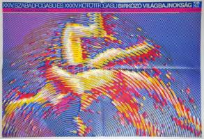 1986 Bp., XXIV. Szabadfogású és XXXIV. Kötöttfogású Birkózó Világbajnokság plakátja, hajtott, 68×96 cm