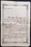 1848 Arad, Igazolás aljegyző részére. Kosztolányi Antal másodjegyző aláírásával, a megye címeres, papírfelzetes viaszpecsétjével / Warrant with the seal of the county