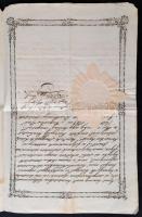 1848 Arad, Igazolás aljegyző részére. Kosztolányi Antal másodjegyző aláírásával, a megye címeres,  p...
