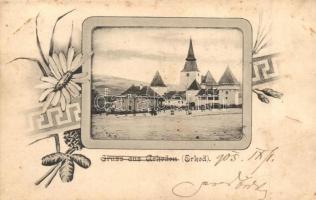 1905 Erked, Arkeden, Archita; Vásár tér az evangélikus erődtemplommal, volt szász falu / square with fortified church. Was a Saxon village. Art Nouveau, floral (vágott / cut)