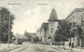 1911 Nagyszeben, Hermannstadt, Sibiu; Schewis utca, villák, villamos. Jos. Drotleff / Schewisgasse / street view with villas and tram