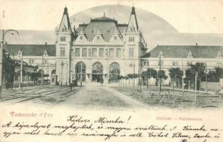 1901 Temesvár, Timisoara; Józsefvárosi indóház, vasútállomás, villamos / Iosefin railway station, tram