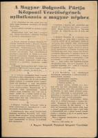 1956 A Magyar Dolgozók Pártja központi vezetőségének nyilatkozata a magyar néphez, 1956. okt. 26., benne a forradalom híreivel, a megalakuló új kormány híreivel, hajtásnyommal