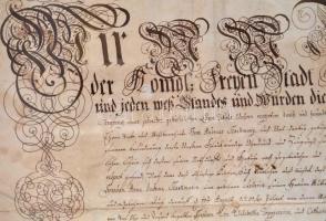 1766 Késmárk városának tiszta keresztény származást és szabad jogállást tanúsító oklevele Szakmáry A...