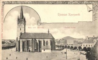 Eperjes, Presov; Római katolikus templom, Fő utcai részlet piaccal, Divald / church, main street with market, Art Nouveau (EK)