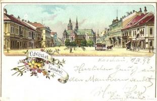 1897 (Vorläufer!) Kassa, Kosice; Fő tér lóvasúttal és Nagy szállóval, Adria üzlet / main square with horse-drawn tram and Grand Hotel, shop. Floral, litho (EK)