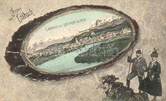 1907 Ljubljana, Laibach; Gruss aus / Montage postcard with hikers