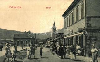 1910 Petrozsény, Petrosani; Fő tér, Herman Béla üzlete, Mader Lajos sörödéje, zsinagóga (?). W.L. Bp. 1679. / main square with shops, synagogue (?) (EK)