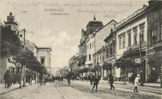 Miskolc, Széchenyi utca, Magyar fém és lámpaáru gyár, üzletek, kerékpáros. Kiadja Ferenczi B.