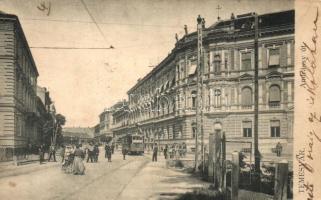 1904 Temesvár, Timisoara; Andrássy út, villamos / street view with tram (EK)