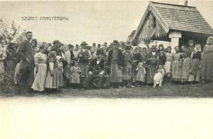 Pangyér dűlő (Monoszló), szüret Pangyérban, csoportkép szőlősgazdával, családdal, kutyával és a néppel