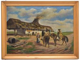 Viski jelzéssel: Kis pihenő a tanyán. Olaj, karton, keretben, 40×55 cm