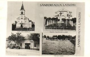 1941 Sándorfalva, Római katolikus templom, Őrgróf Pallavicini szobor, Községháza, autóbusz, Strand fürdő, vízilabdázók, sport. photo