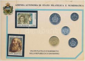 San Marino 1987. 1L-20L (5xklf) szuvenír forgalmi sor kartonlapon, 2db bélyeggel T:1- San Marino 1987. 1 Lira - 20 Lire (5xdiff) souvenir coin set on cardboard with 2pcs of stamps C:AU