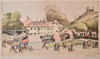 Zádor István (1882-1963): Búcsú Szigligeten, színezett rézkarc, papír, jelzett, 21,5×38,5 cm