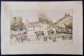 Zádor István (1882-1963): Búcsú Szigligeten, színezett rézkarc, papír, jelzett, 21,5×38,5 cm