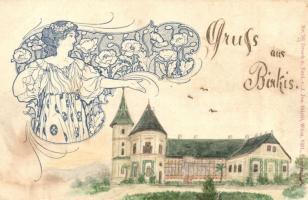 ~1900 Marosberkes, Birkis, Birchis; Mocsónyi-kastély. Kézzel festett művészlap / castle. Hand painted art postcard, Art Nouveau (fa)