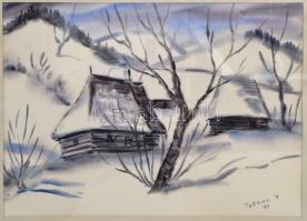 Petkes József (1928-2016): Házikók a hóban. Akvarell, papír, jelzett, üvegezett keretben, 36×49 cm