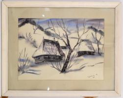 Petkes József (1928-2016): Házikók a hóban. Akvarell,  papír, jelzett, üvegezett keretben, 36×49 cm