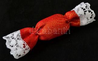 Piros-aranyszálas textil szaloncukor, csipkével, 33 db, h: 10 cm