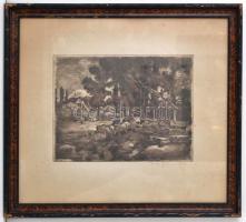 Iványi Grünwald Béla (1867-1940): Itatás. Rézkarc, papír, jelzett, üvegezett keretben, 23×29 cm