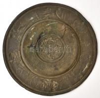 Nagyméretű réz fali dísztál, kis kopásokkal, d: 54 cm