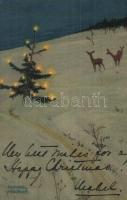 1901 Christmas tree, deers, art postcard, Künstler Postkarte Serie 197. No. 4. s: Raphael Kirchner (EK)