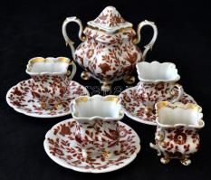 Antik hiányos mokkás készlet, csészén, cukortartón lepattanással, kopott, összesen:5 db