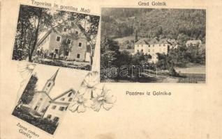 1917 Golnik, Gallenfels; Gorice, Zupna cerkev, grad, Trgovína in gostilna Mali / church, castle, shop and restaurant. floral (EK)