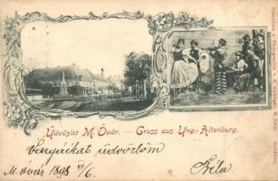 1898 Magyaróvár, Mosonmagyaróvár; utcakép, szálloda, folklór jelenet muzsikusokkal. S. Aichinger felvétele és kiadása (EK)